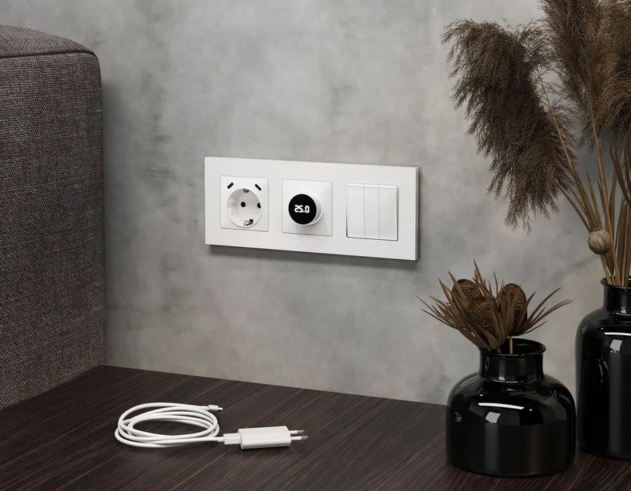 Комплект механизма электрической розетки 2USB С+C 20W (быстрая зарядка) с/з на винтовых зажимах 16A-250V ALFA MA110510 Белый глянец  QUANT 2