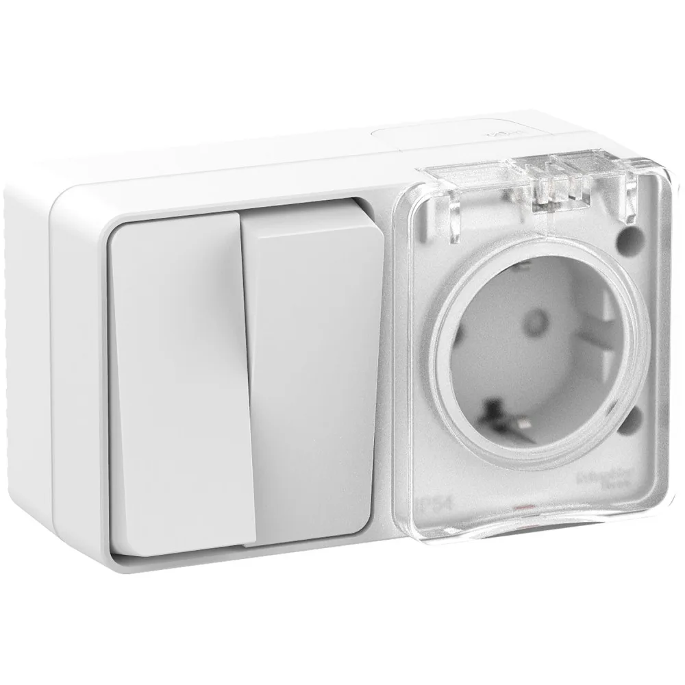AtlasDesign PROFI IP54 О/У БЛОК: РОЗЕТКА с заземл. со шт., 16А, ВЫКЛЮЧАТЕЛЬ 2-клав., 10АХ, БЕЛЫЙ