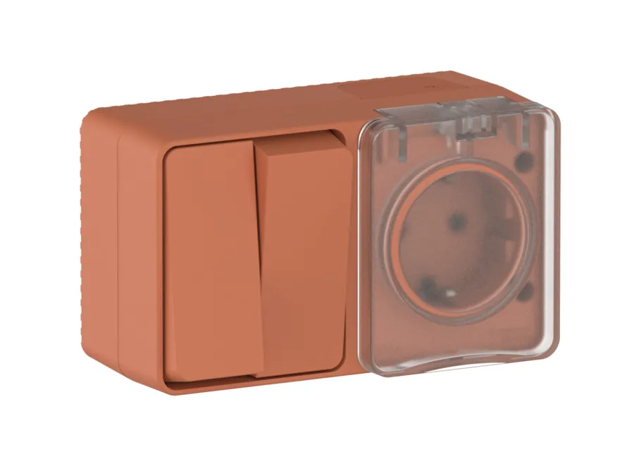 ATLASDESIGN PROFI IP54 О/У БЛОК: РОЗЕТКА с заземл. со шт., 16А + ВЫКЛЮЧАТЕЛЬ 2-клав., 10АХ, ТЕРРАКОТОВЫЙ 2