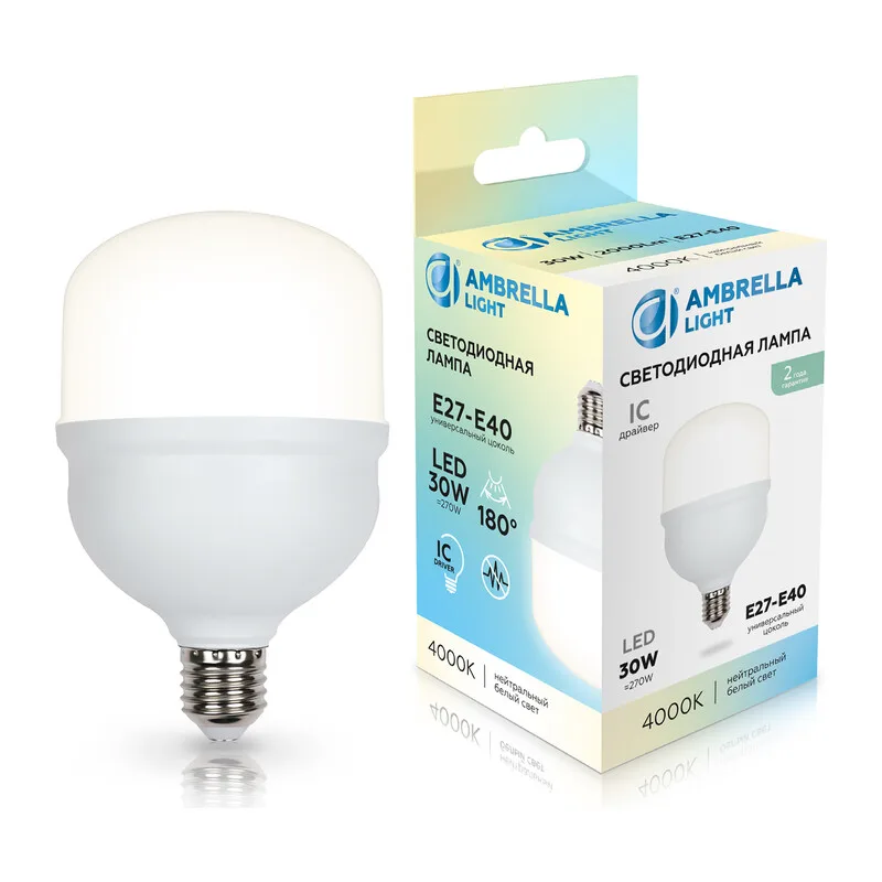 Светодиоднапя лампа высокомощная T100 E27-E40 30Вт 4000K 180° 1003004 LED T100 30W IC E27-E40 4000K 175-265V Ambrella Light