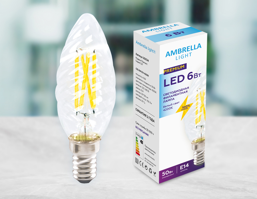 Светодиодная лампа C35 202124 Filament LED C35 6W E14 4200K (50W) 220-240V Ambrella Light 6