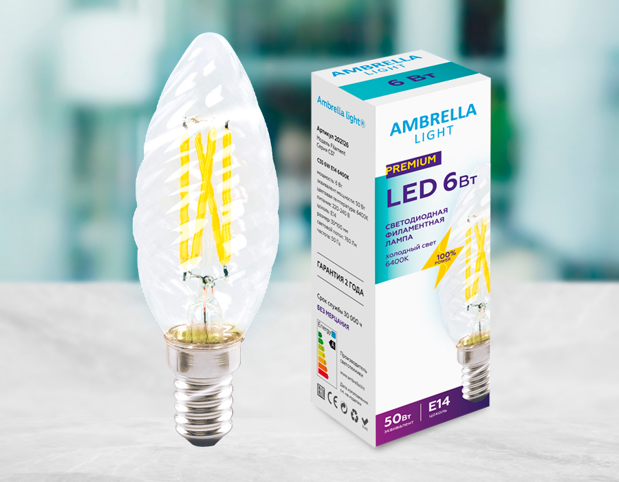 Светодиодная лампа C35 202126 Filament LED C35 6W E14 6400K (50W) 220-240V Ambrella Light 6