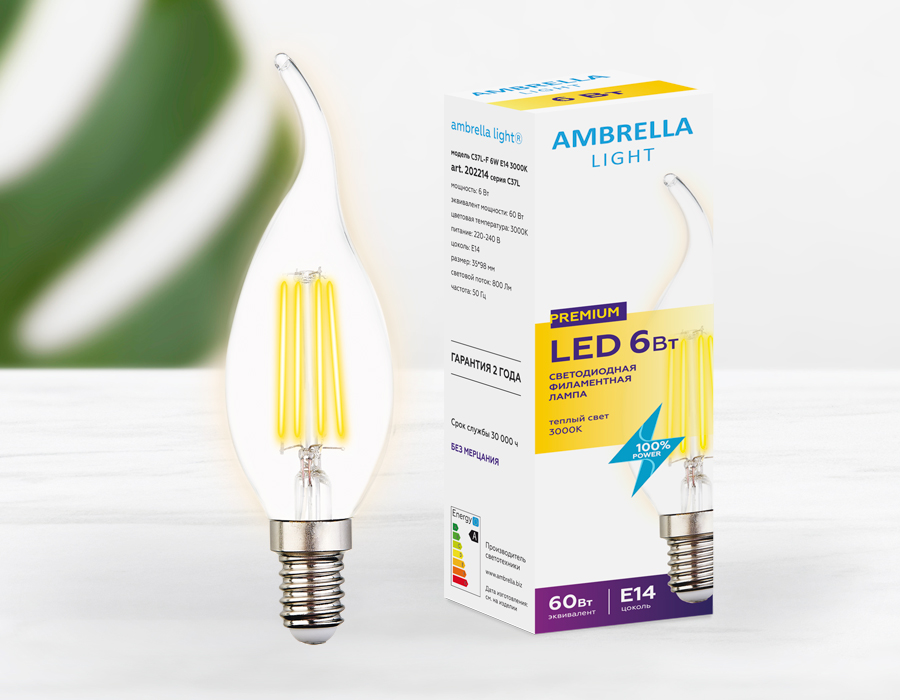 Филаментная светодиодная лампа C37L 202214 Filament LED C37L-F 6W E14 3000K (60W) Ambrella Light 6