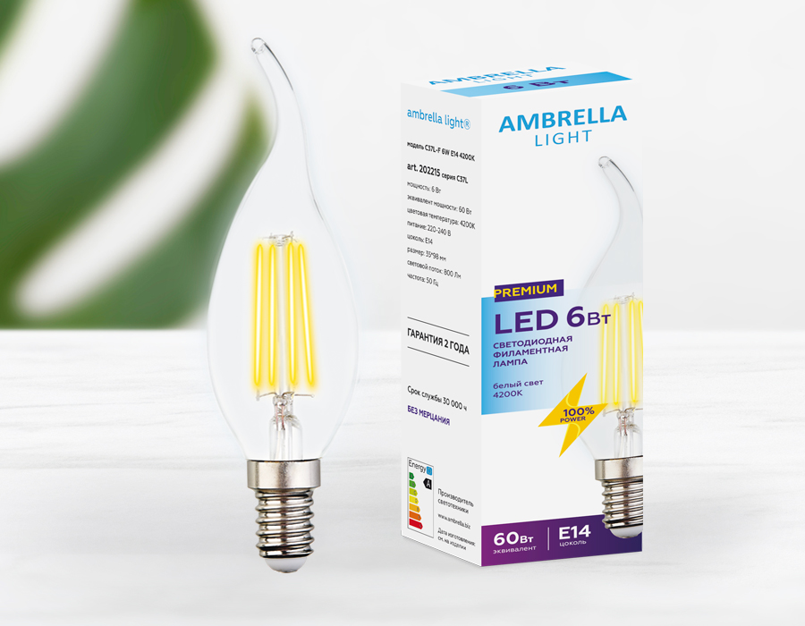 Филаментная светодиодная лампа C37L 202215 Filament LED C37L-F 6W E14 4200K (60W) Ambrella Light 6