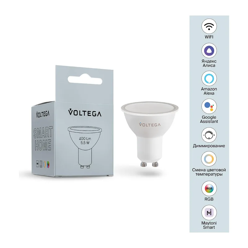 Светодиодная лампа Wi-Fi MR16 GU10 5,5Вт Цветная (RGB) + Комбинированная (MIX) диммируемая 110° Voltega 2426 2
