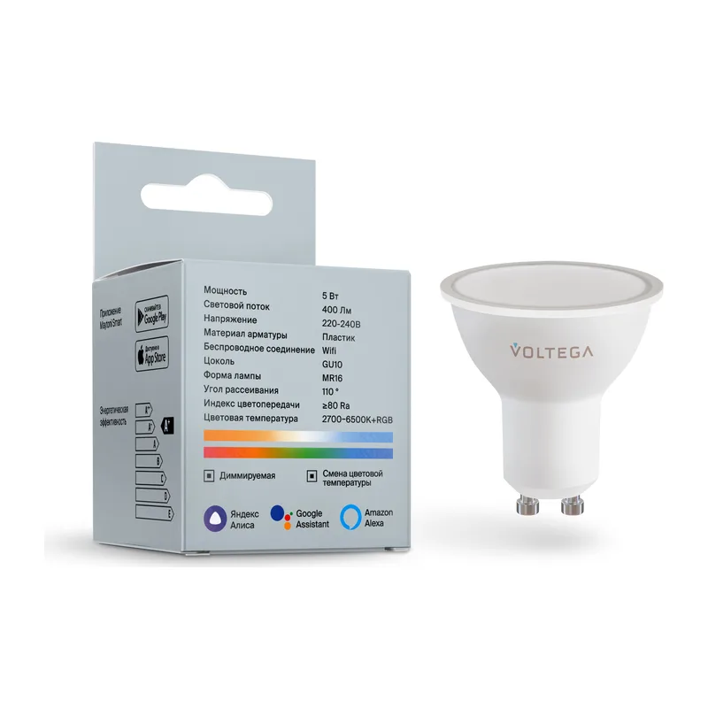 Светодиодная лампа Wi-Fi MR16 GU10 5,5Вт Цветная (RGB) + Комбинированная (MIX) диммируемая 110° Voltega 2426 4