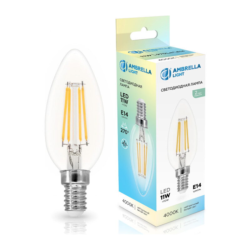 Лампа светодиодная Свеча C35 11W 4000K 351114 Filament LED C35 11W E14 4000K 220-240V Ambrella Light 7