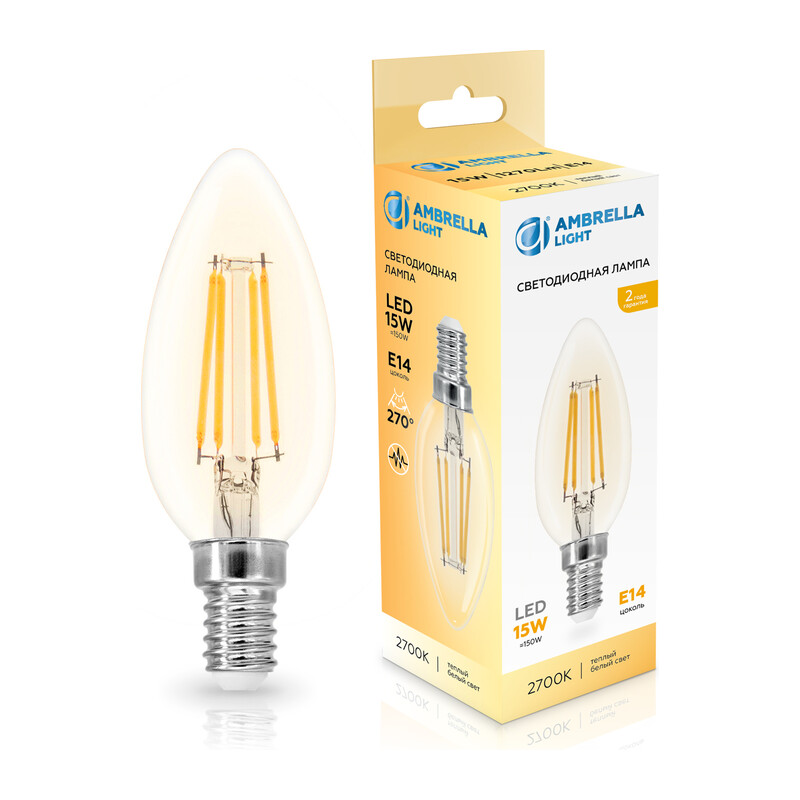 Лампа светодиодная Свеча C35 15W 2700K 351513 Filament LED C35 15W E14 2700K 220-240V Ambrella Light 7