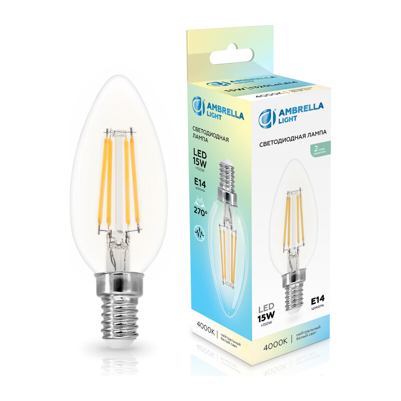 Лампа светодиодная Свеча C35 15W 4000K 351514 Filament LED C35 15W E14 4000K 220-240V Ambrella Light 7