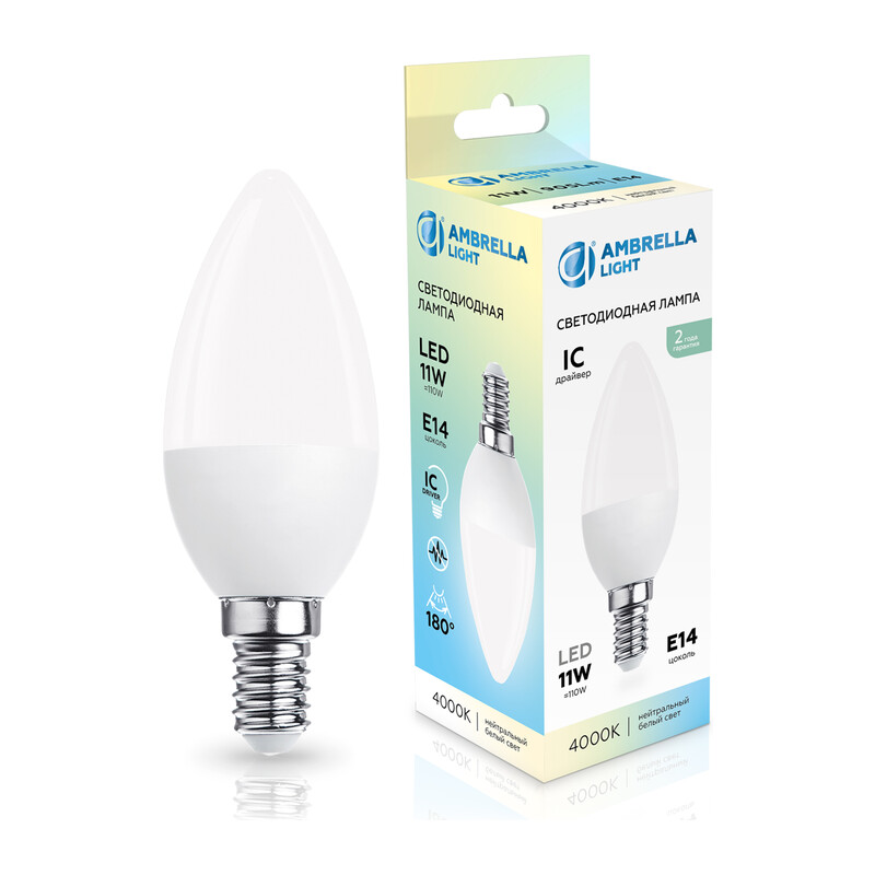 Лампа светодиодная Свеча C37 11W 4000K 371114 LED C37 11W IC E14 4000K 175-265V Ambrella Light 7