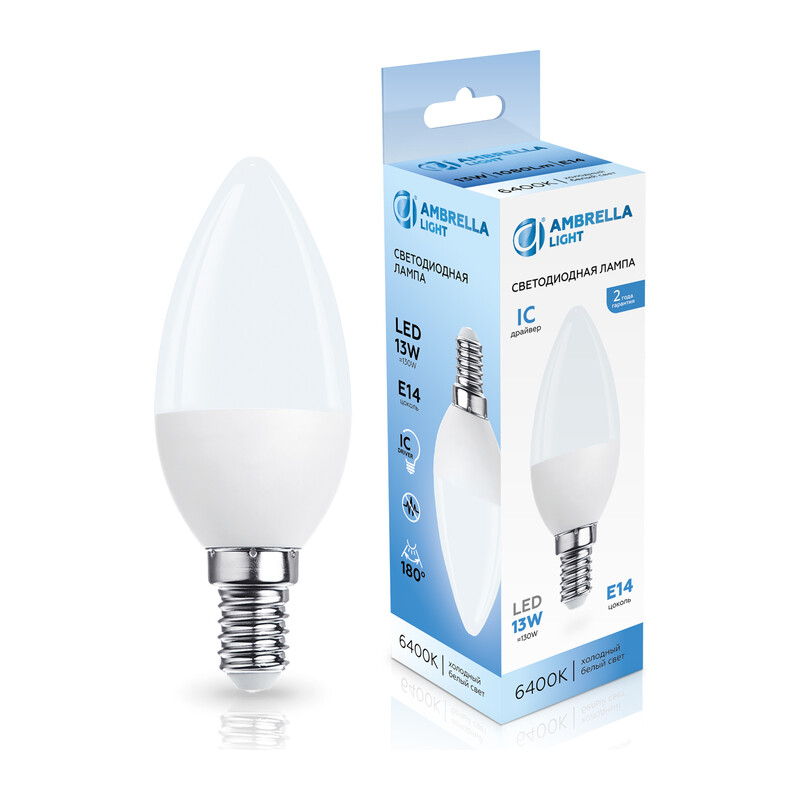 Лампа светодиодная Свеча C37 13W 6400K 371316 LED C37 13W IC E14 6400K 175-265V Ambrella Light 7