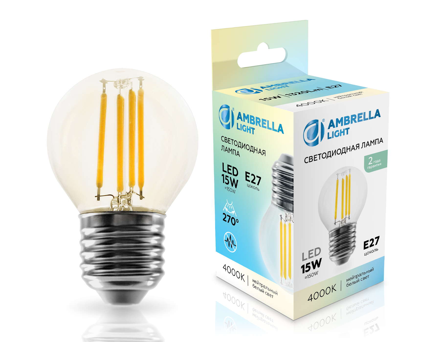 Лампа светодиодная Шар G45 15W 4000K 451524 Filament LED G45 15W E27 4000K 220-240V Ambrella Light 4