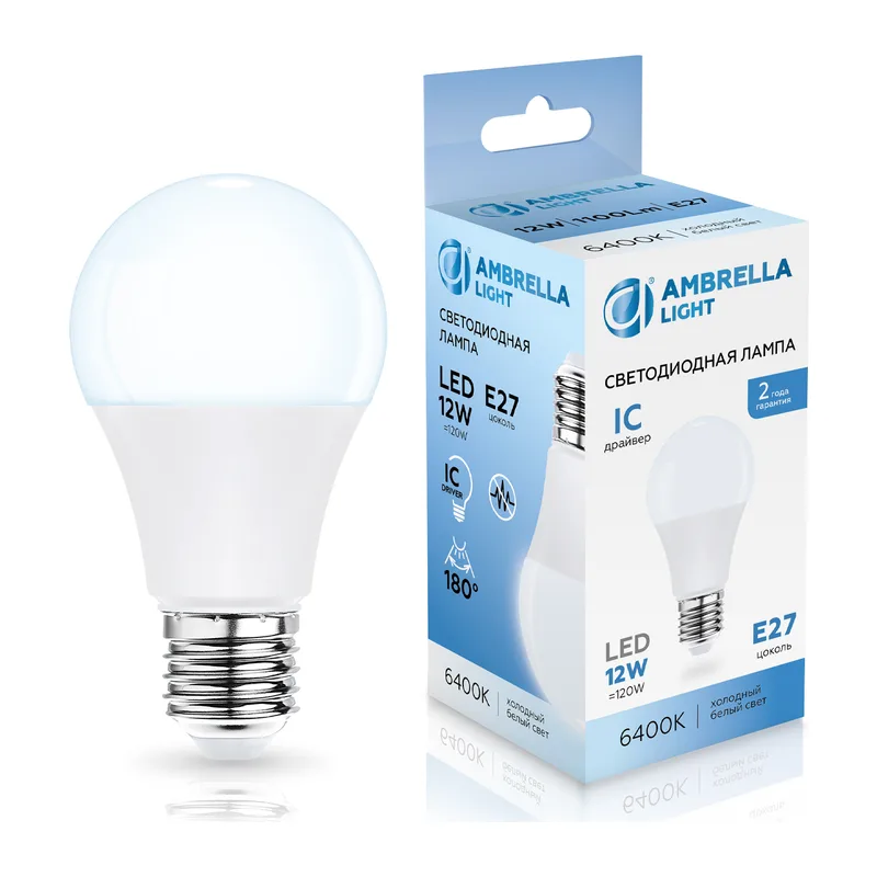 Лампа светодиодная Лон A60 12W 6400K 601206 LED A60 12W IC E27 6400K 175-265V Ambrella Light 4