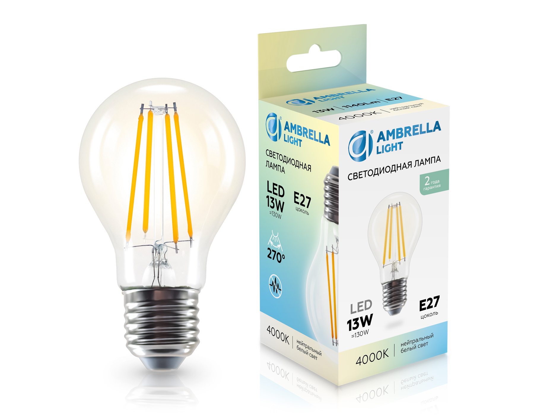 Лампа светодиодная Лон A60 13W 4000K 601314 Filament LED A60 13W E27 4000K 220-240V Ambrella Light 4