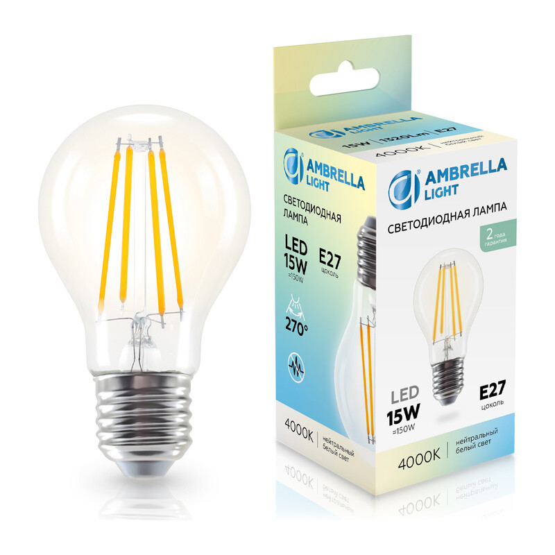 Лампа светодиодная Лон A60 15W 4000K 601514 Filament LED A60 15W E27 4000K 220-240V Ambrella Light 7