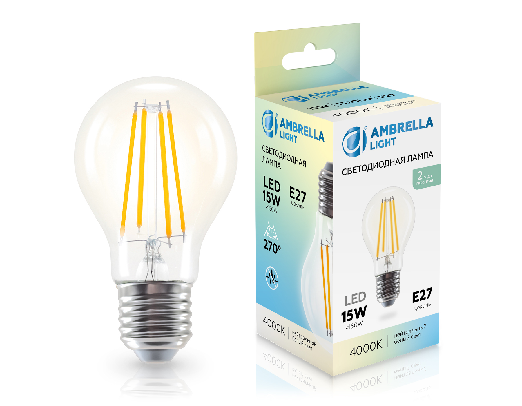 Лампа светодиодная Лон A60 15W 4000K 601514 Filament LED A60 15W E27 4000K 220-240V Ambrella Light 4