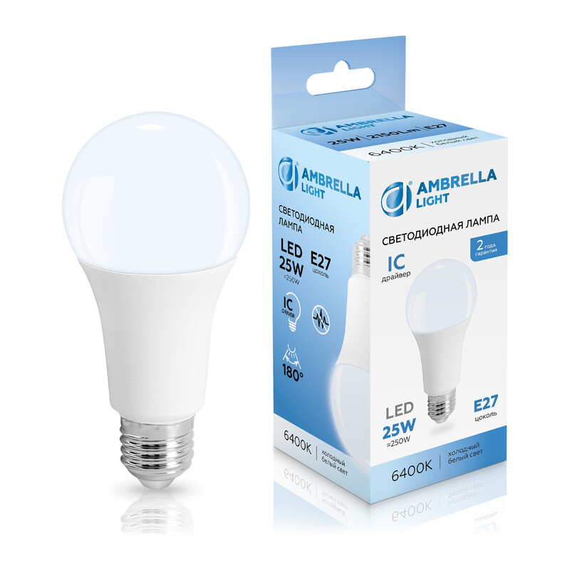 Лампа светодиодная Лон A65 25W 6400K 652506 LED A65 25W IC E27 6400K 175-265V Ambrella Light 7