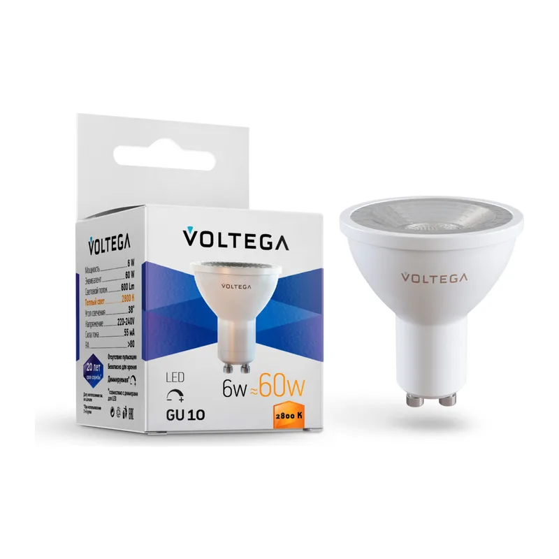 Светодиодная лампа MR16 6Вт 2800K GU10 38° диммируемая Voltega 7108