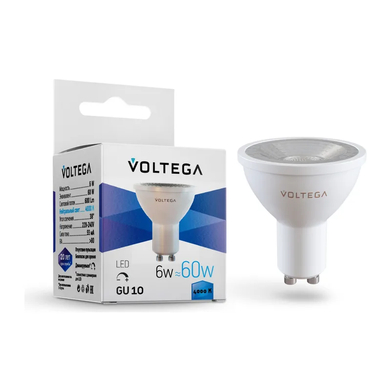 Светодиодная лампа MR16 6Вт 4000K GU10 38° диммируемая Voltega 7109