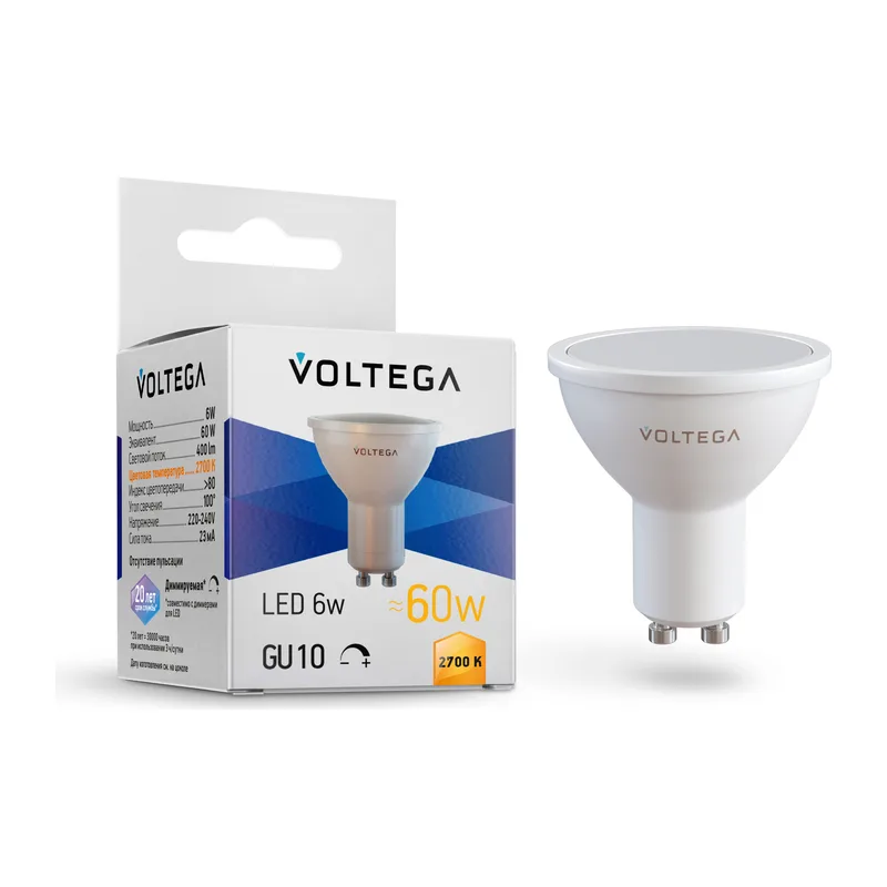Светодиодная лампа MR16 6Вт 2700K GU10 100° диммируемая Voltega 7238