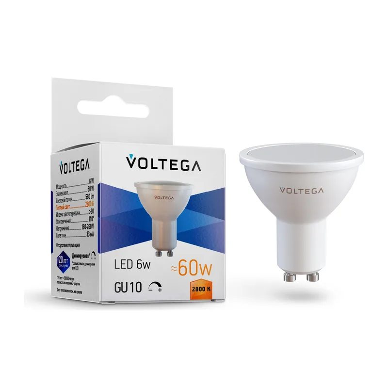 Светодиодная лампа MR16 6Вт 2800K GU10 110° диммируемая Voltega 8457