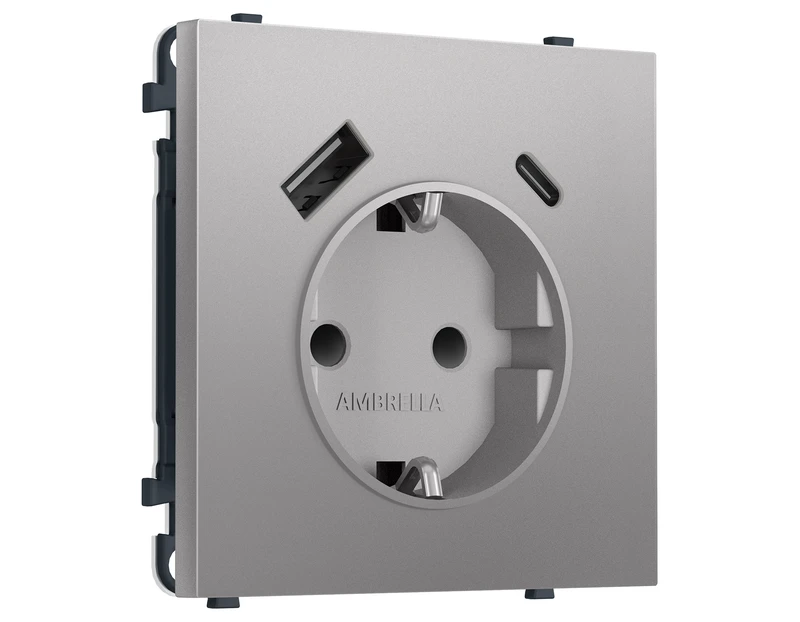 Комплект механизма электрической розетки SIGMA Сталь матовый 2USB A+C 20W (быст. зар.) с/з с/ш 16A-250V QUANT PRO (SP5100, PR160)