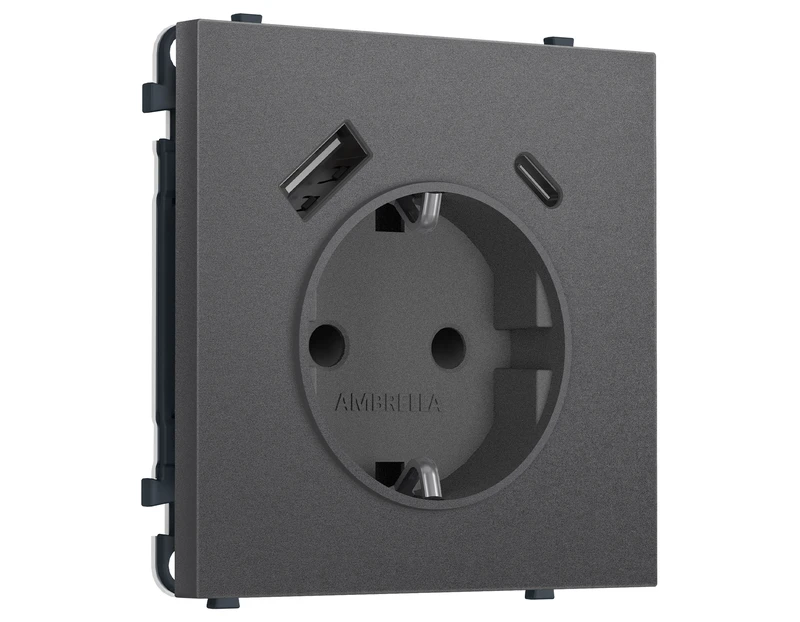 Комплект механизма электрической розетки SIGMA Антрацит серый 2USB A+C 20W (быст. зар.) с/з с/ш 16A-250V QUANT PRO (SP6600, PR160)