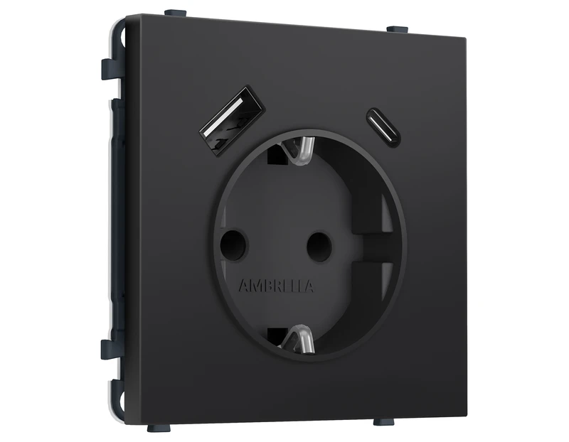 Комплект механизма электрической розетки SIGMA Черный матовый 2USB A+C 20W (быст. зар.) с/з с/ш 16A-250V QUANT PRO (SP8100, PR160)