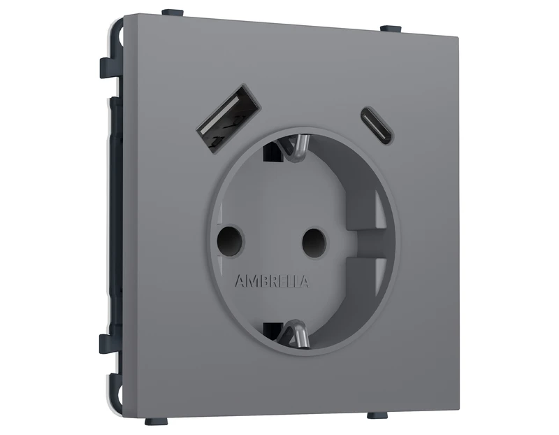 Комплект механизма электрической розетки SIGMA Платиново-серый Мягкое кас. 2USB A+C 20W (быст.зар) с/з с/ш 16A-250V QUANT PRO (SP8700, PR160)
