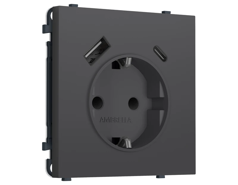 Комплект механизма электрической розетки SIGMA Графит Мягкое касание 2USB A+C 20W (быст. зар.) с/з с/ш 16A-250V QUANT PRO (SP9100, PR160)
