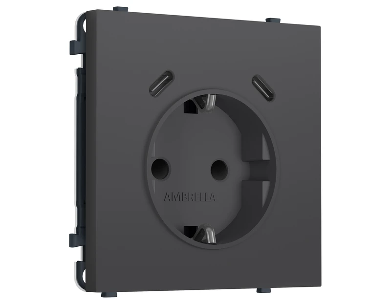 Комплект механизма электрической розетки SIGMA Графит Мягкое касание 2USB С+C 20W (быст. зар.) с/з с/ш 16A-250V QUANT PRO (SP9105, PR165)