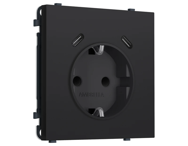 Комплект механизма электрической розетки SIGMA Черный Мягкое касание 2USB С+C 20W (быст. зар.) с/з с/ш 16A-250V QUANT PRO (SP9905, PR165)