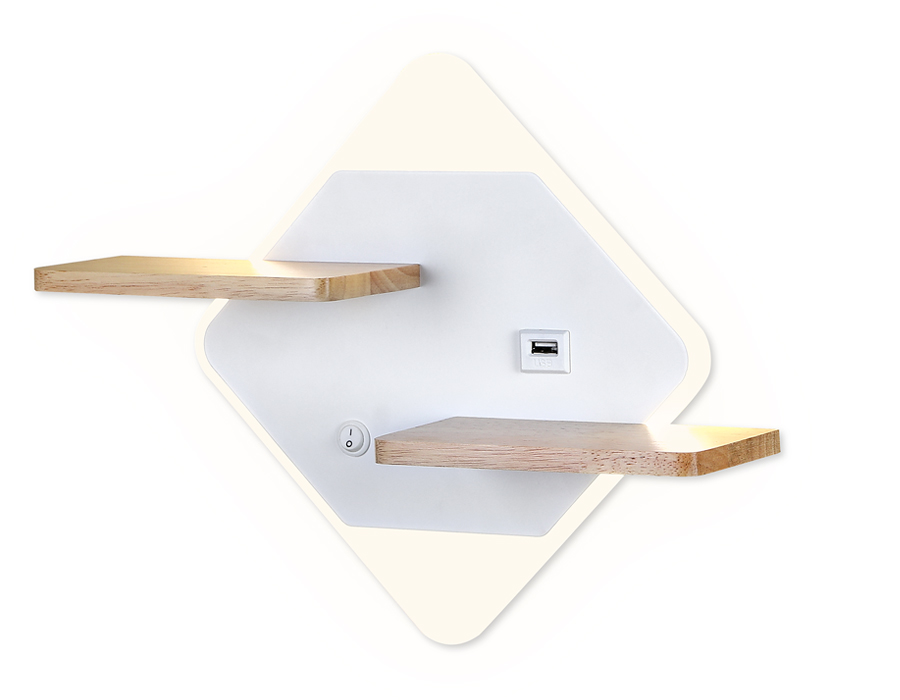 Настенный светодиодный светильник с выключателем, USB портом и полкой FW100 WH/WD белое/дерево LED 3000K/4200K/6400K 12W 340*250*105 Ambrella Light 5