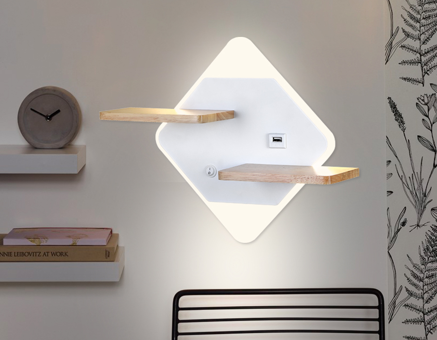 Настенный светодиодный светильник с выключателем, USB портом и полкой FW100 WH/WD белое/дерево LED 3000K/4200K/6400K 12W 340*250*105 Ambrella Light 6