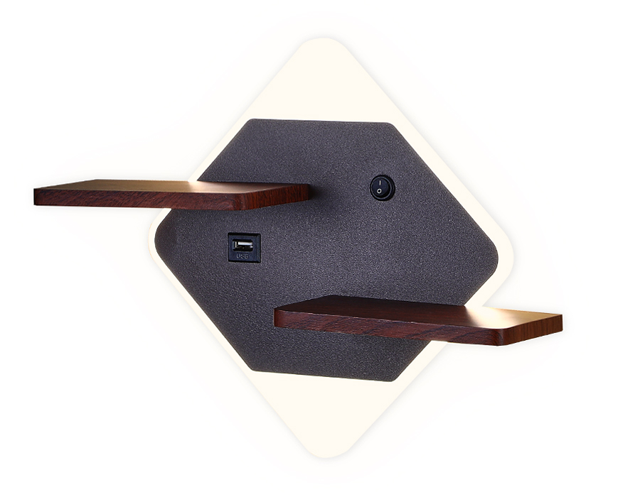 Настенный светодиодный светильник с выключателем, USB портом и полкой FW101 CF/WD кофе/дерево LED 3000K/4200K/6400K 12W 340*250*105 Ambrella Light 5