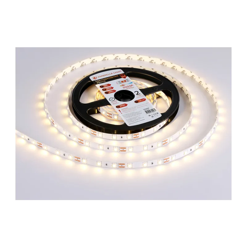 Светодиодная лента 12В 2835 60Led 4.8Вт/м 3000K IP20 5м GS1001 2835 60Led/ 4.8W m/ 12V IP20 3000K/ 5000*8*1.2mm (2 конт.) Ambrella Light 14