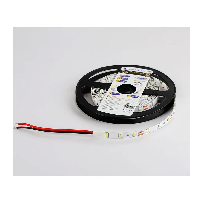 Светодиодная лента 12В 2835 60Led 4.8Вт/м 4500K IP20 5м GS1002 2835 60Led/ 4.8W m/ 12V IP20 4500K/ 5000*8*1.2mm (2 конт.) Ambrella Light 11