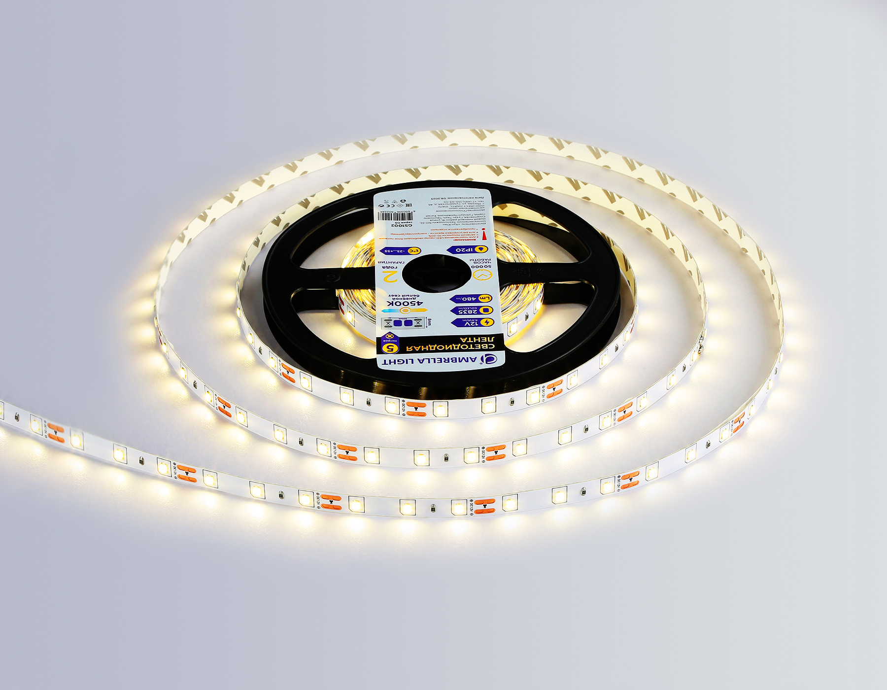 Светодиодная лента Ambrella Light GS1002 2835 60Led /4.8W m/ 12V IP20 4500K 5m /кратность резки 50mm GS1002 2835 60Led/ 4.8W m/ 12V IP20 4500K/ 5000*8*1.2mm (2 конт.) Ambrella Light 12