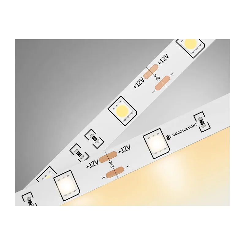 Светодиодная лента 12В 5050 30Led 7.2Вт/м 3000K IP20 5м GS1801 5050 30Led/ 7.2W m/ 12V IP20 3000K/ 5000*10*1.87mm (2 конт.) Ambrella Light 9