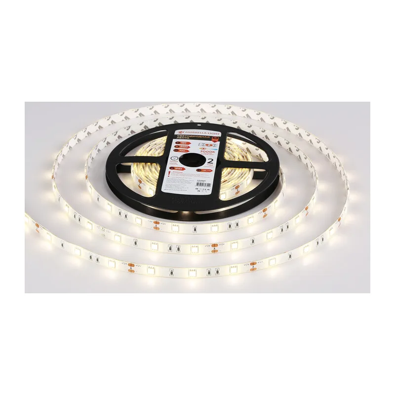 Светодиодная лента 12В 5050 30Led 7.2Вт/м 3000K IP65 5м GS1901 5050 30Led/ 7.2W m/ 12V IP65 3000K/ 5000*10*2.87mm (2 конт.) Ambrella Light 10