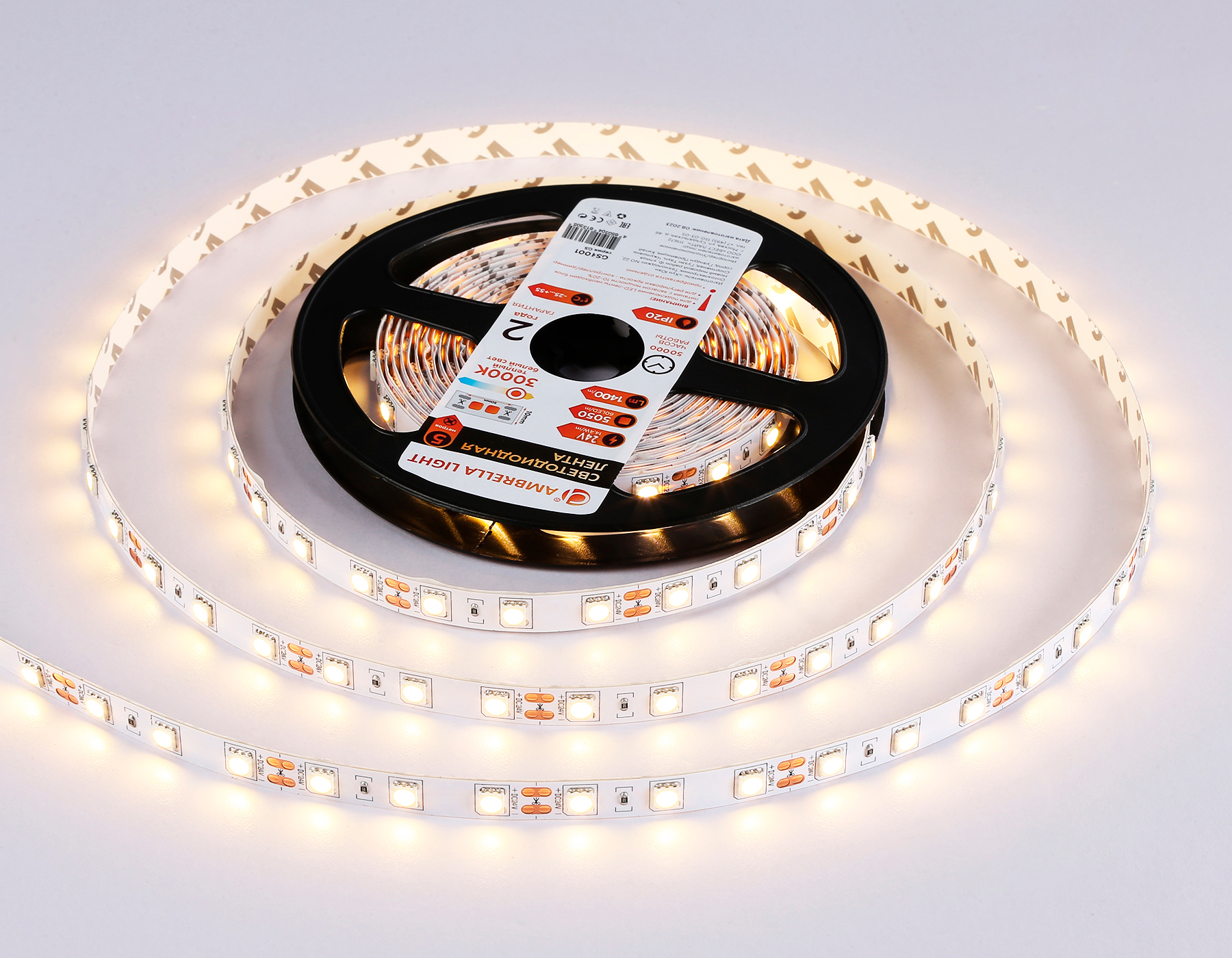 Светодиодная лента Ambrella Light GS4001 5050 60Led /14.4W m/ 24V IP20 3000K 5m GS4001 5050 60Led/ 14.4W m/ 24V IP20 3000K/ 5000*10*1.87mm (2 конт.) Ambrella Light 13