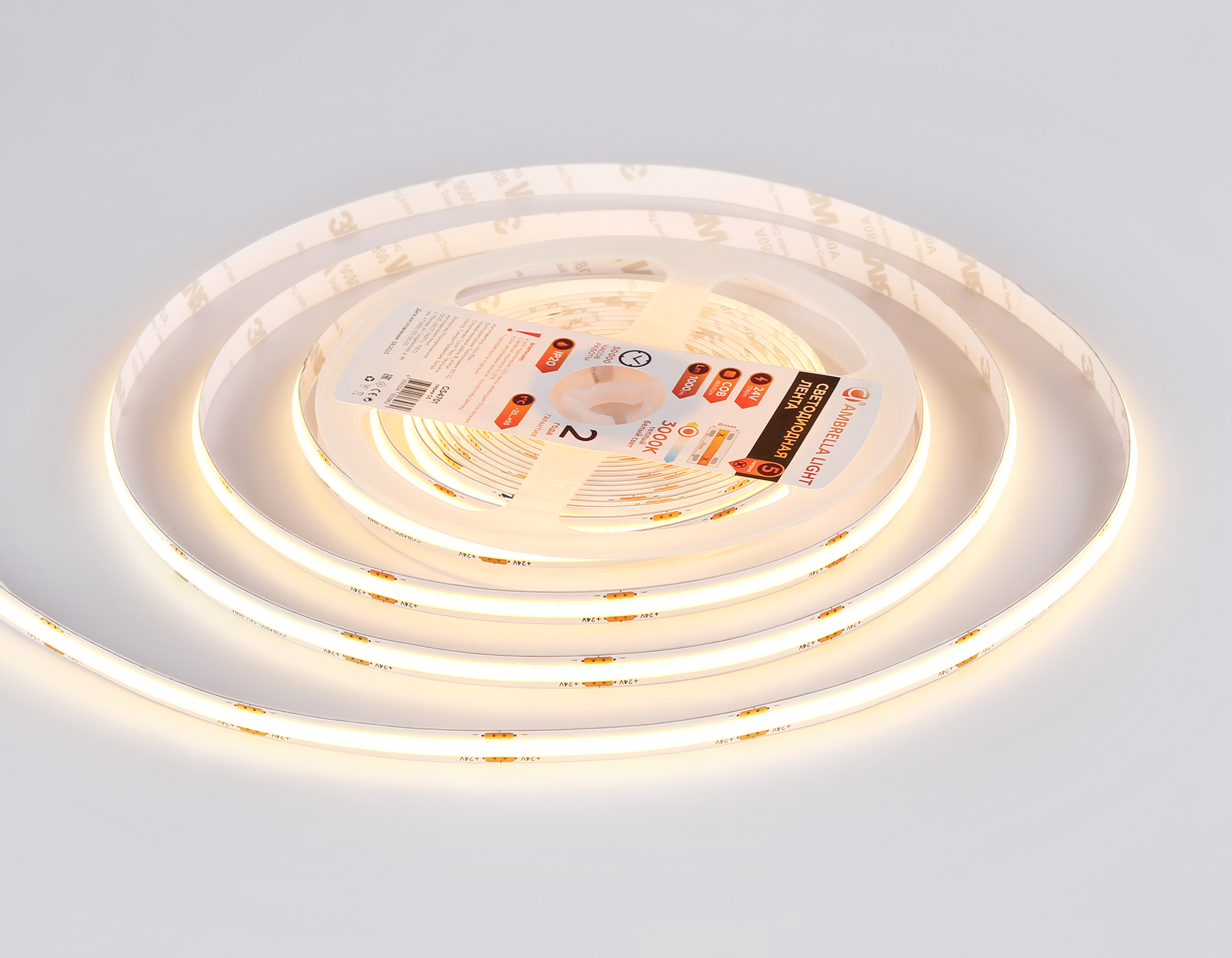 Светодиодная лента Ambrella Light GS4701 COB 480Led /12W m/ 24V IP20 3000K 5m GS4701 COB 480Led/ 12W m/ 24V IP20 3000K/ 5000*8*1.54mm (2 конт.) Ambrella Light 12