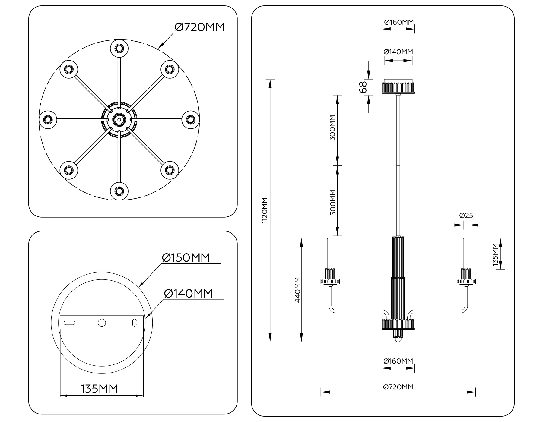 Люстра светодиодная на штанге LH53126/8 GD/WH/GB золото/белый/серо-синий 13W 3000K D720*1120 Ambrella Light 16