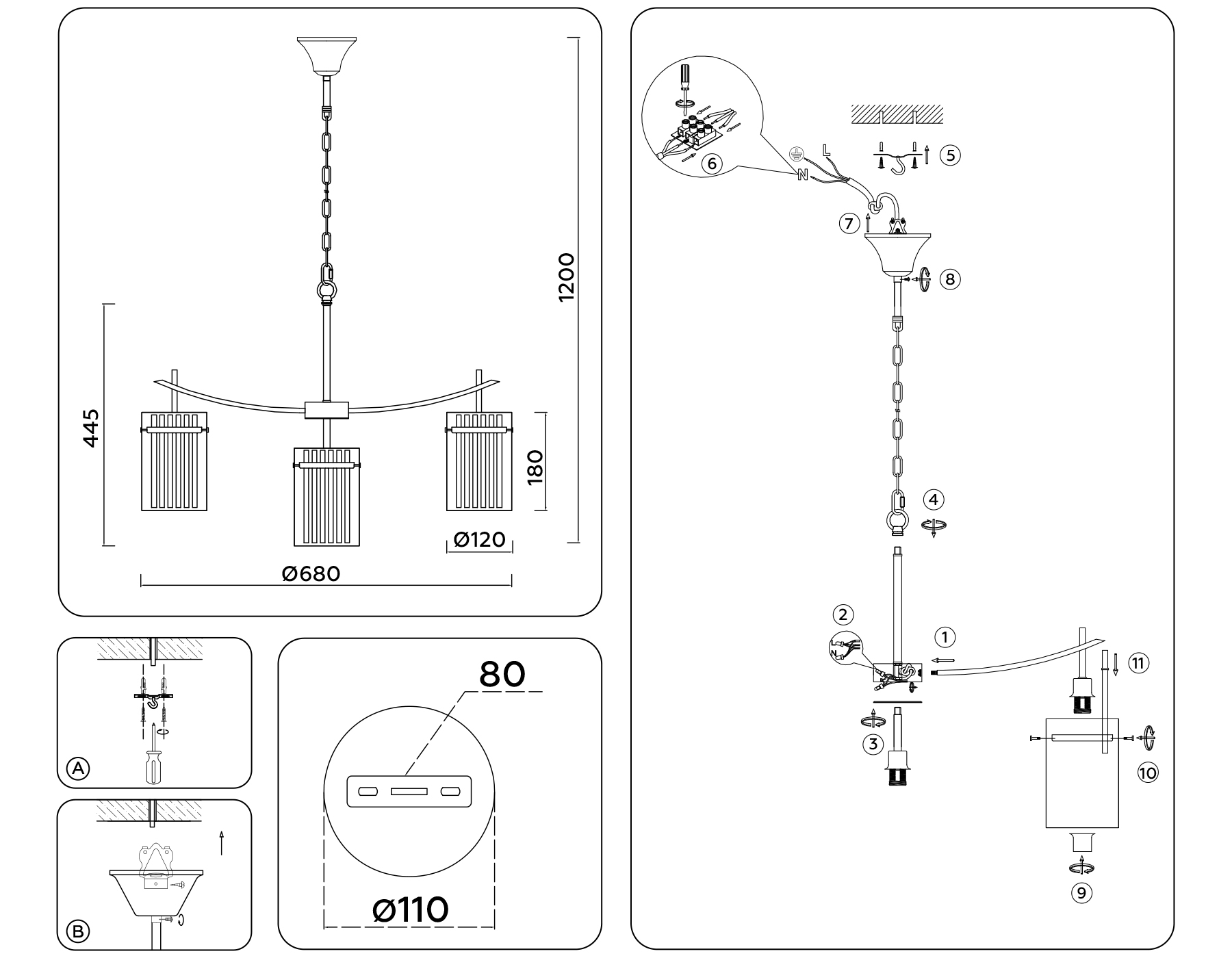 Подвесная люстра LH56031/5+1 BS/CL латунь/прозрачный E14*6 max 40W D680*1200 Ambrella Light 15