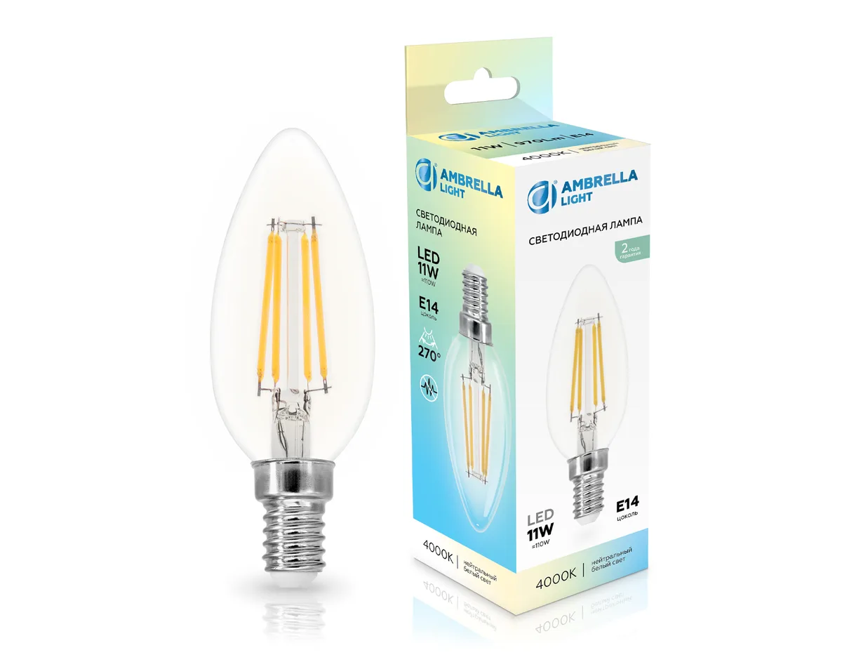 Лампа светодиодная Свеча C35 11W 4000K 351114 Filament LED C35 11W E14 4000K 220-240V Ambrella Light