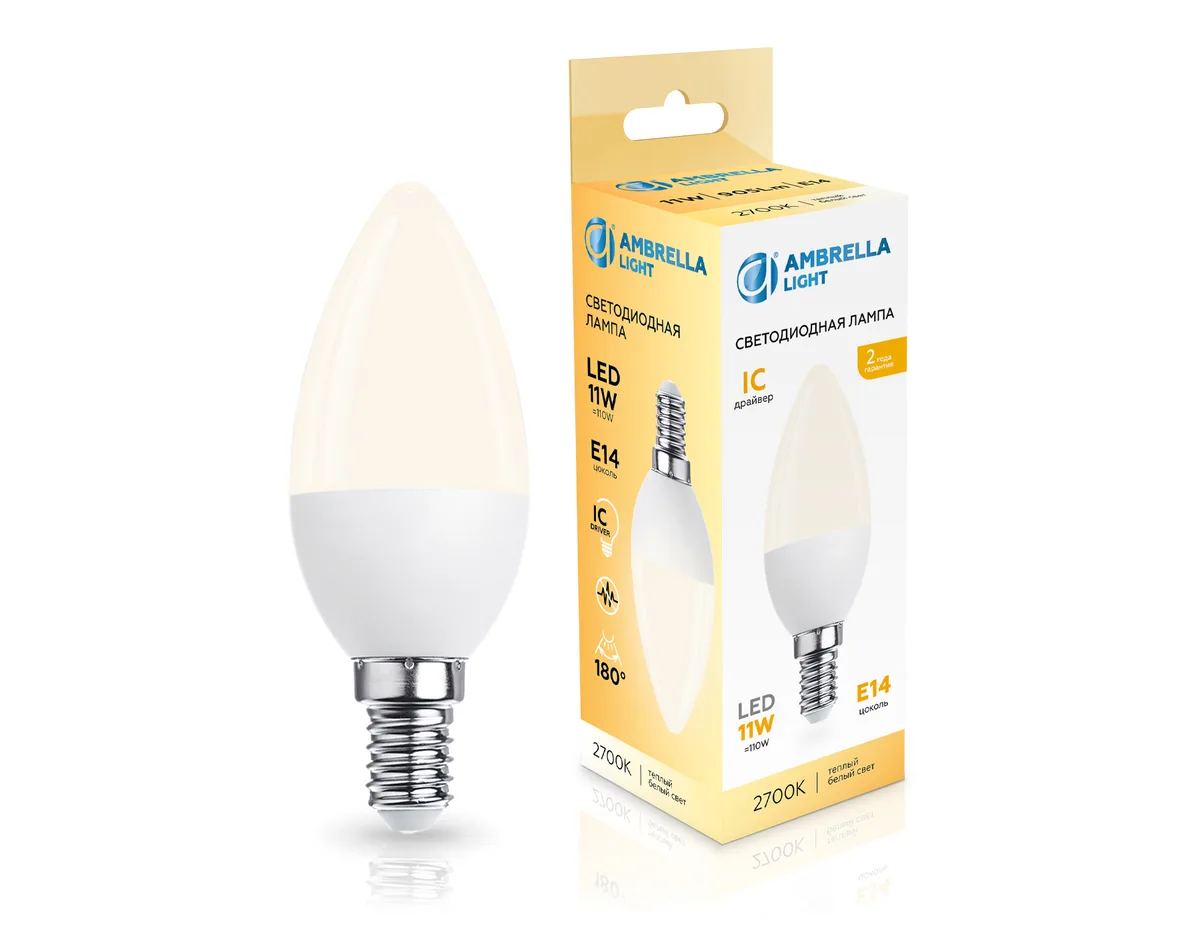 Лампа светодиодная Свеча C37 11W 2700K 371113 LED C37 11W IC E14 2700K 175-265V Ambrella Light