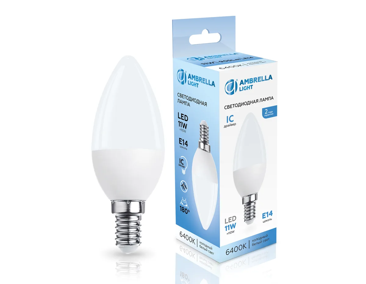 Лампа светодиодная Свеча C37 11W 6400K 371116 LED C37 11W IC E14 6400K 175-265V Ambrella Light