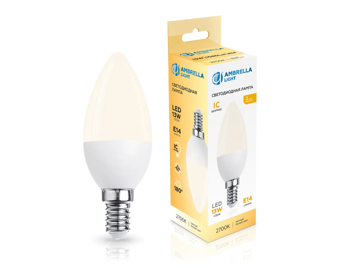 Лампа светодиодная Свеча C37 13W 2700K 371313 LED C37 13W IC E14 2700K 175-265V Ambrella Light