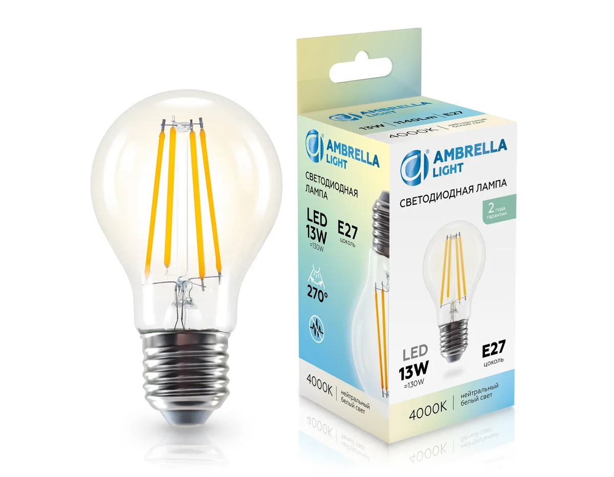 Светодиоднапя лампа филамент груша A60 E27 13Вт 2700K 270° 601314 Filament LED A60 13W E27 4000K 220-240V Ambrella Light