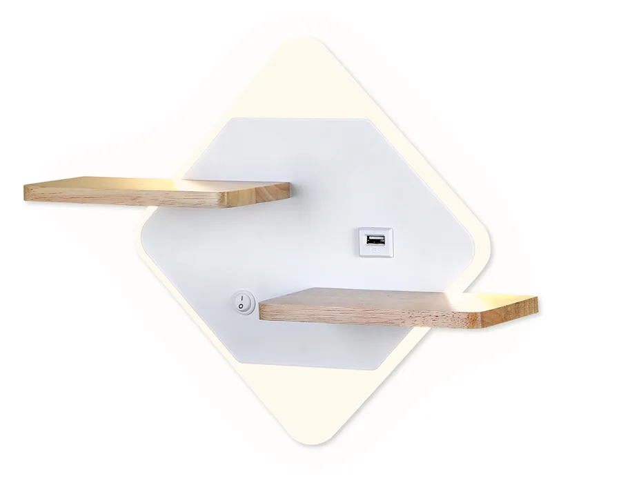 Настенный светодиодный светильник с выключателем, USB портом и полкой FW100 WH/WD белое/дерево LED 3000K/4200K/6400K 12W 340*250*105 Ambrella Light